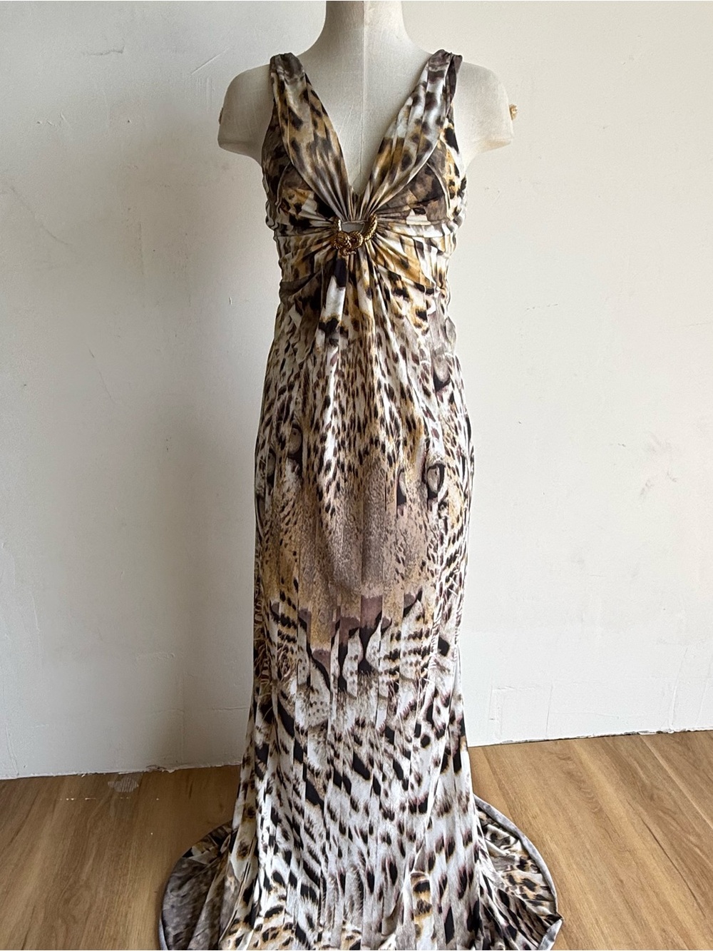 Roberto Cavalli Leopard-Pattern gown dress  SZ 40 Beige Brown snake gold ring - Picture 2 of 11